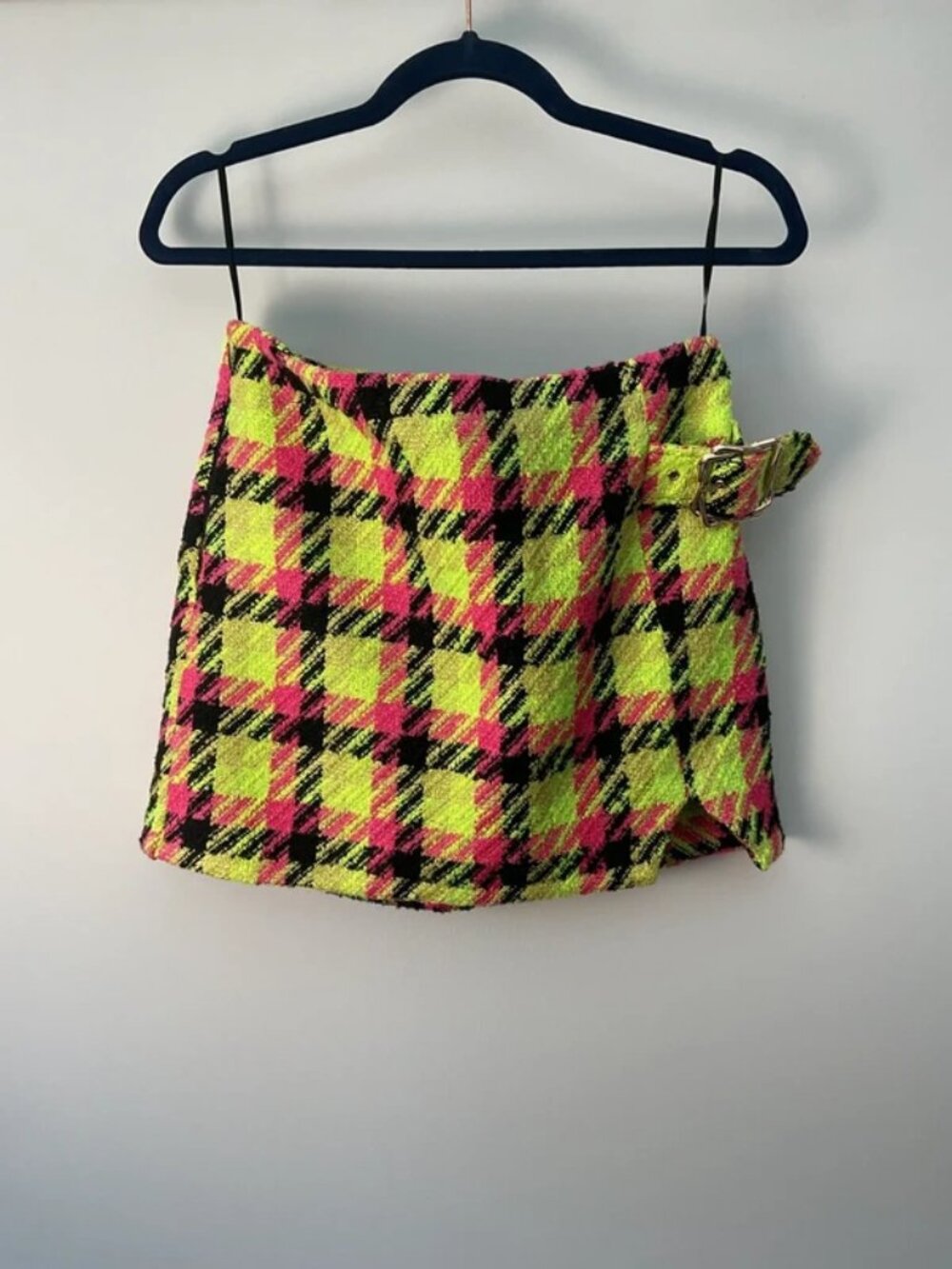 River Island Neon Pink, Lime Green, and Black Plaid Boucle Mini Skirt Size 10